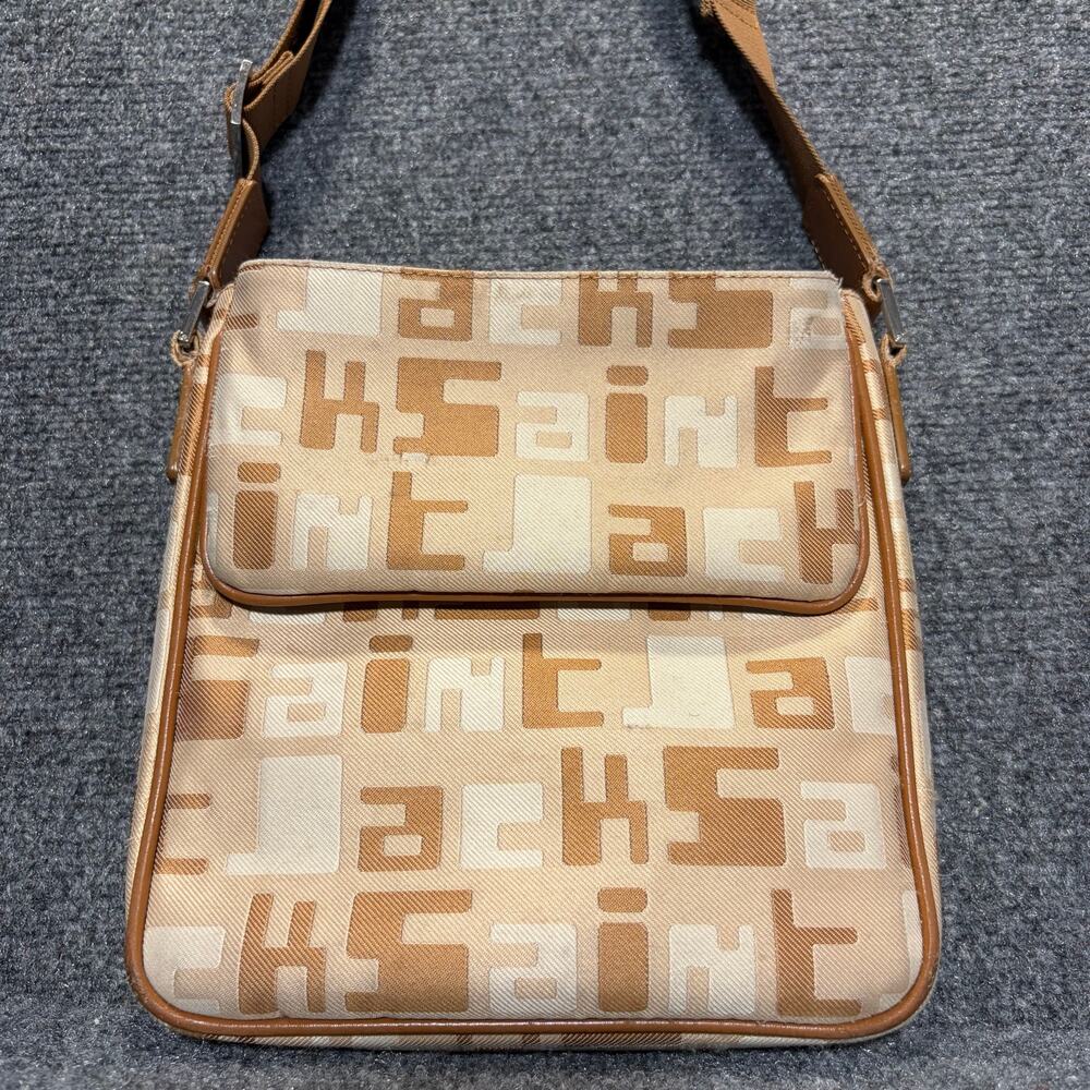 Vintage Saint Jack London Monogram Jacquard Tan Leather Trim Crossbody Bag Purse